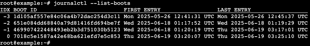A terminal output shows all boot sessions with timestamps