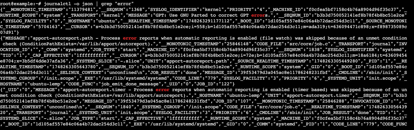 A terminal output shows logs in JSON with entries contain the word "error"