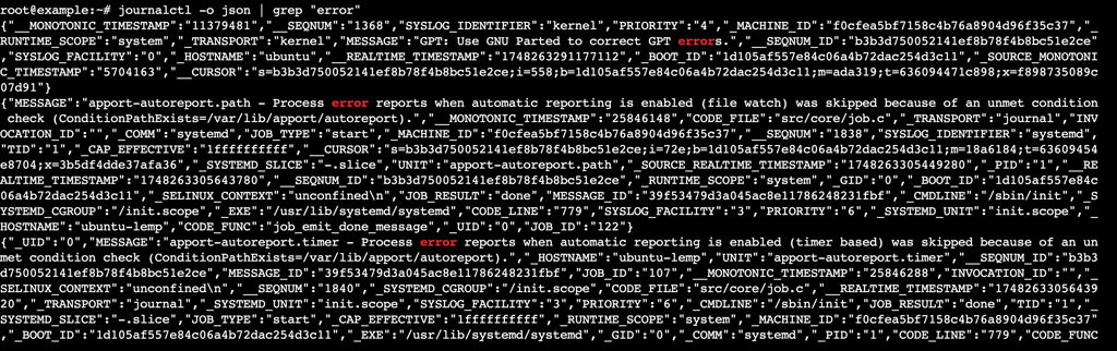 A terminal output shows logs in JSON with entries contain the word "error"