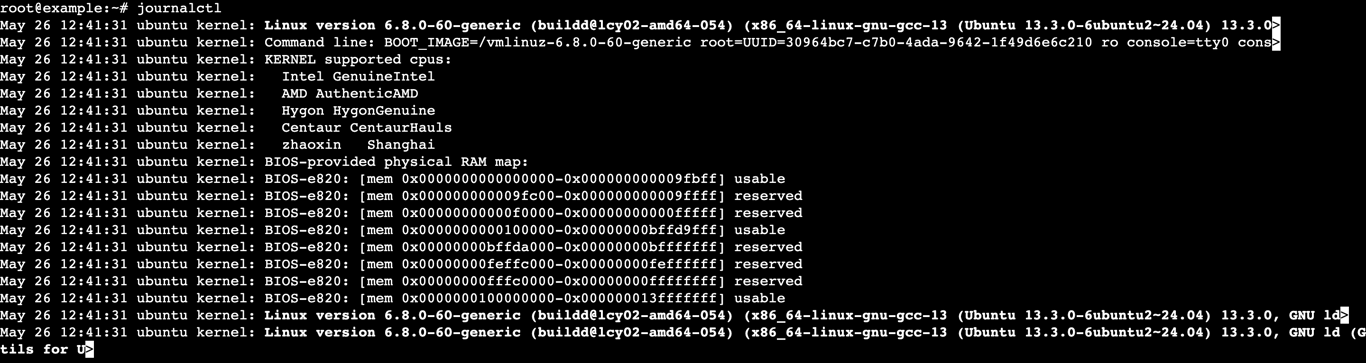 A terminal output shows the entire system journal