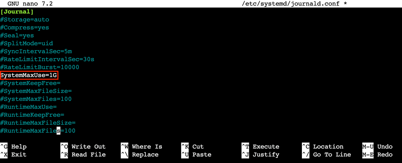 The journald.conf file's content in the nano text editor