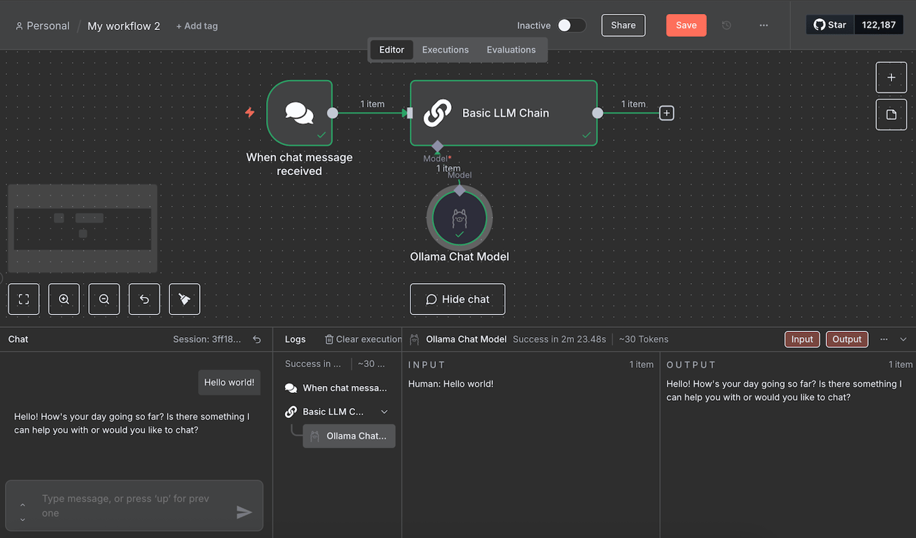 The Chat trigger interface on n8n canvas