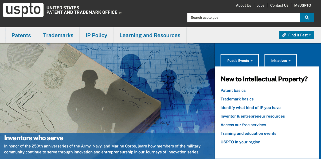 Homepage of United States Patent and Trademark Office