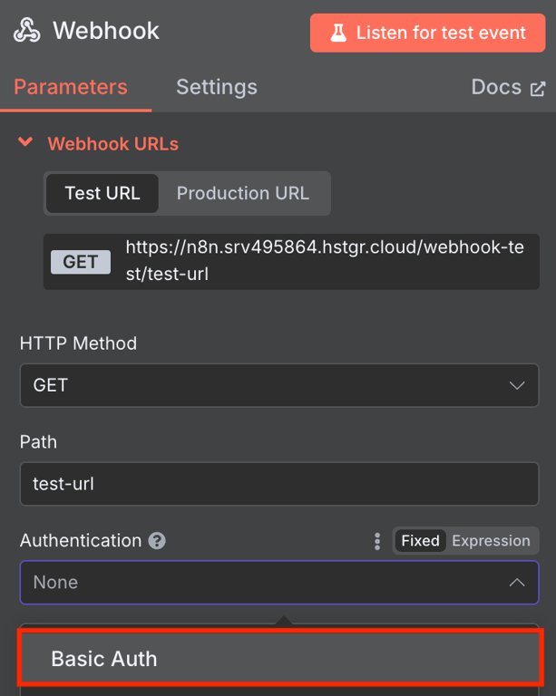 The Webhook node's authentication method configuration in n8n