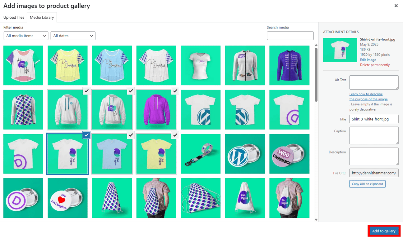 WordPress Media Library with the Add to gallery button highlighted