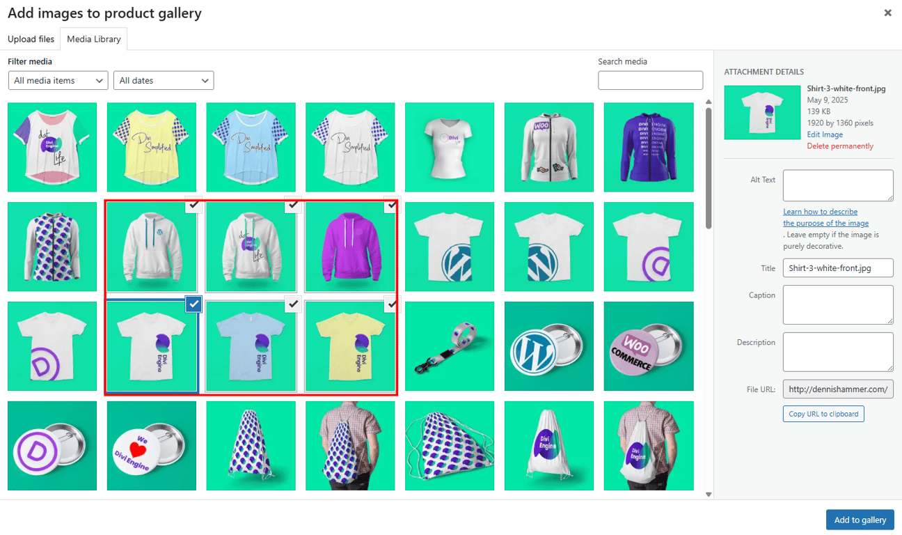 WordPress Media Library with multiple images selected