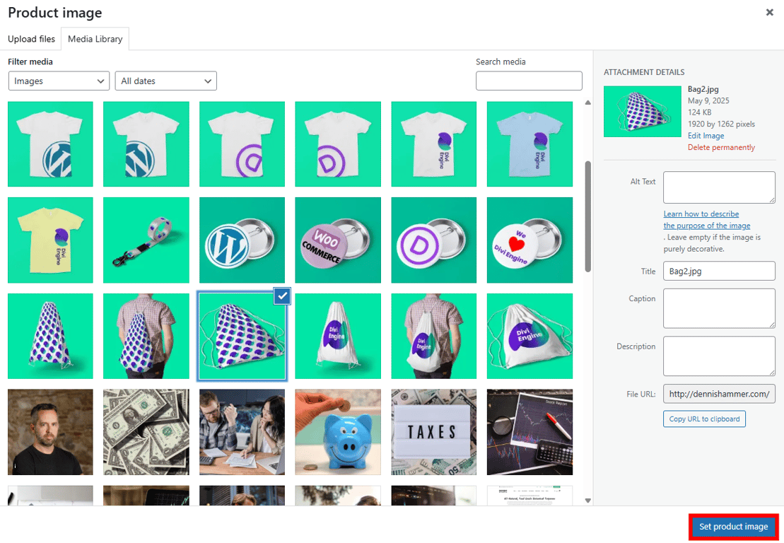 WordPress Media Library with the Set product image button highlighted