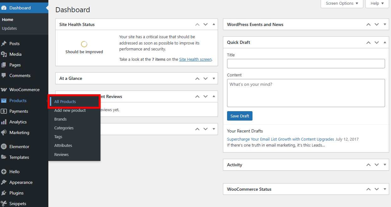 WordPress dashboard with the link to All products highlighted
