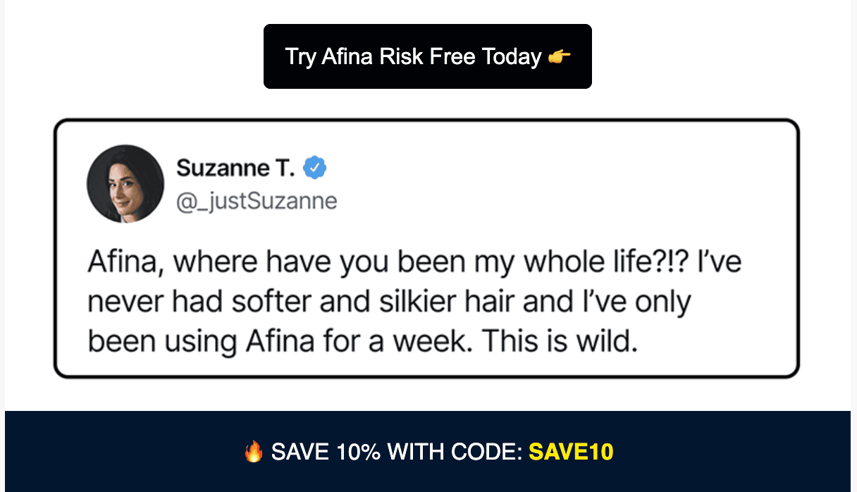 Afina email marketing campaign showing customer testimonial