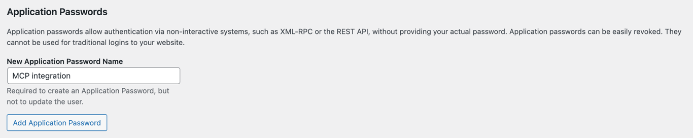 The Application Password creation and management menu on WordPress