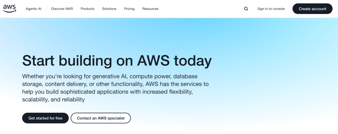 Amazon Web Services landing page