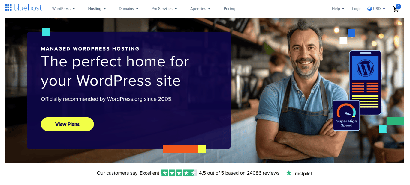 Bluehost's WordPress hosting landing page
