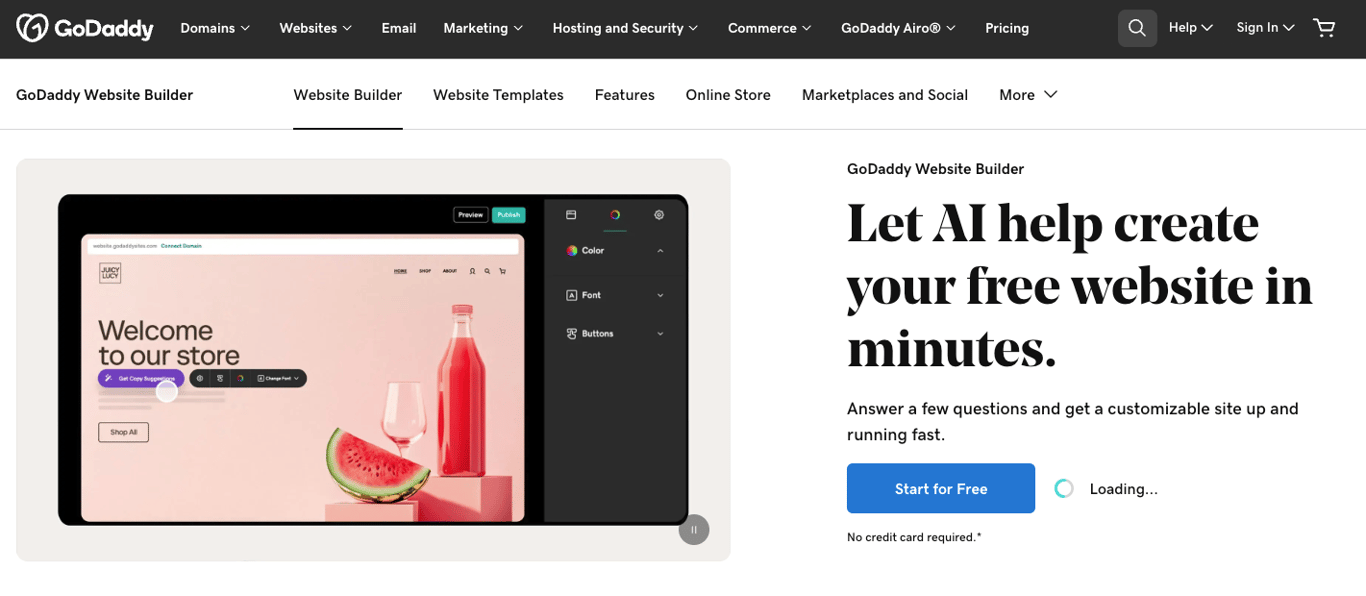 GoDaddy website builder landing page