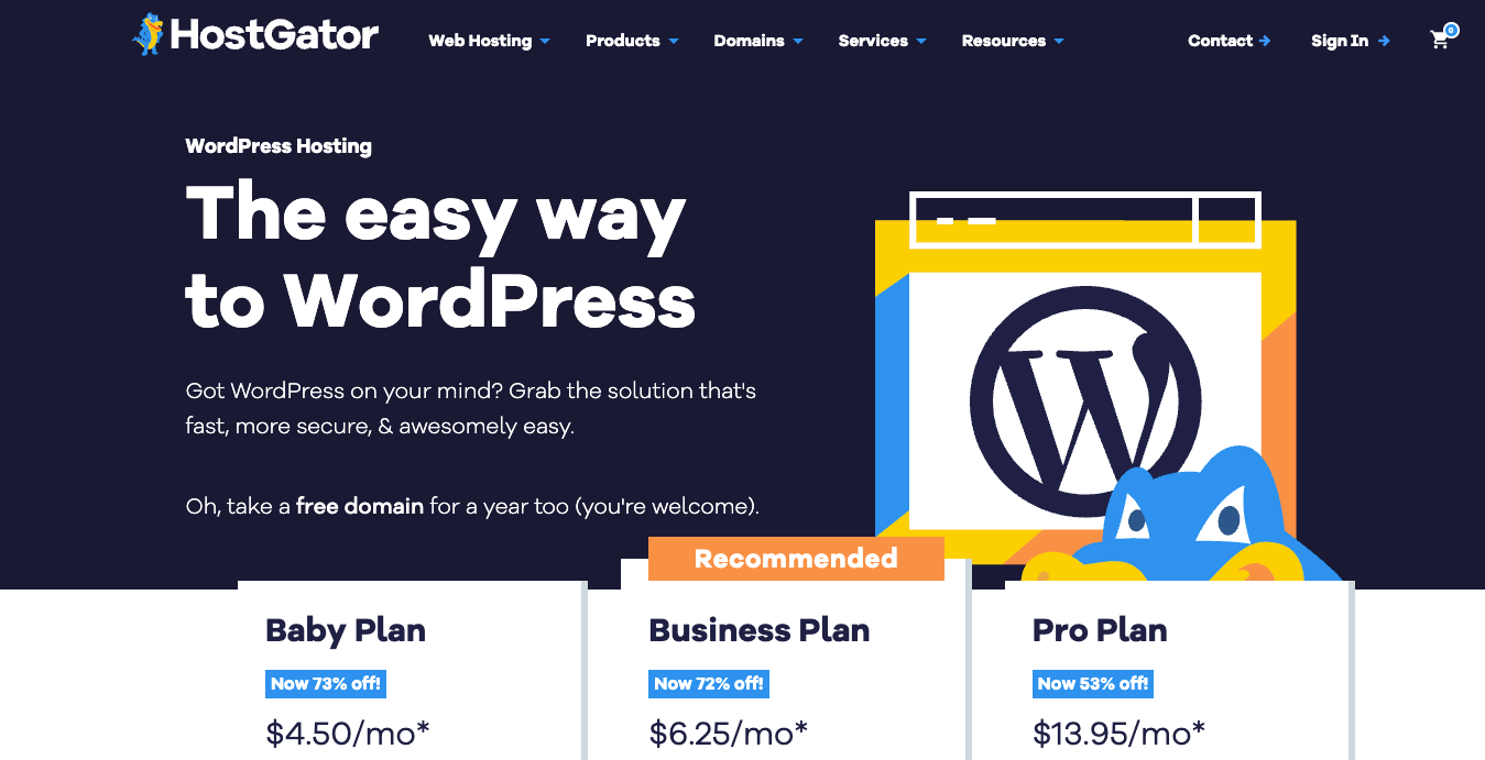 HostGator's WordPress hosting landing page