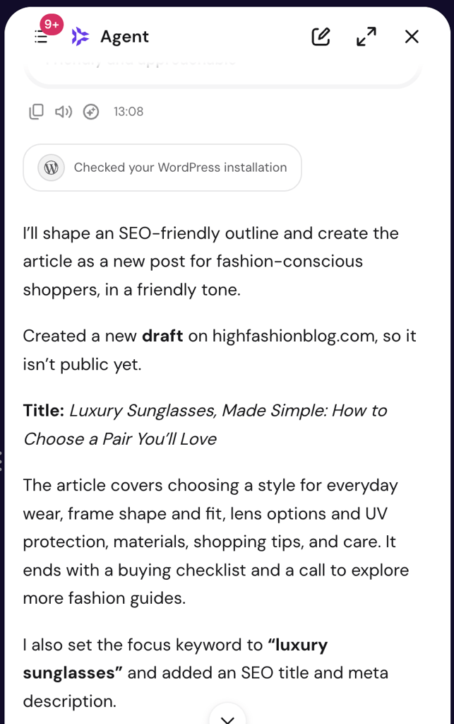 Hostinger Agent creating a new draft post on a WordPress website from the Hostinger dashboard chat