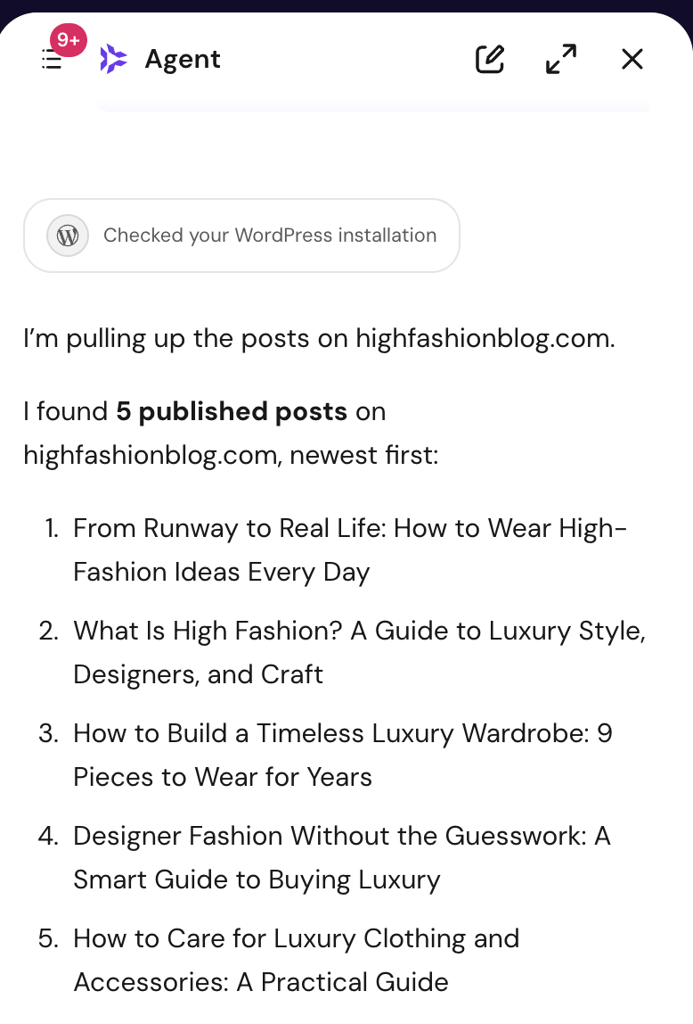 Hostinger Agent in Hostinger dashboard listing five published posts on a WordPress website