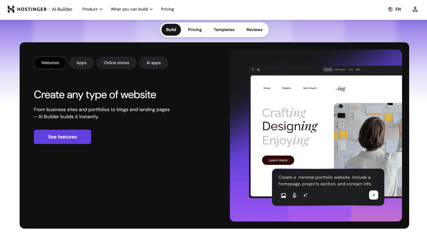 Hostinger AI Builder landing page