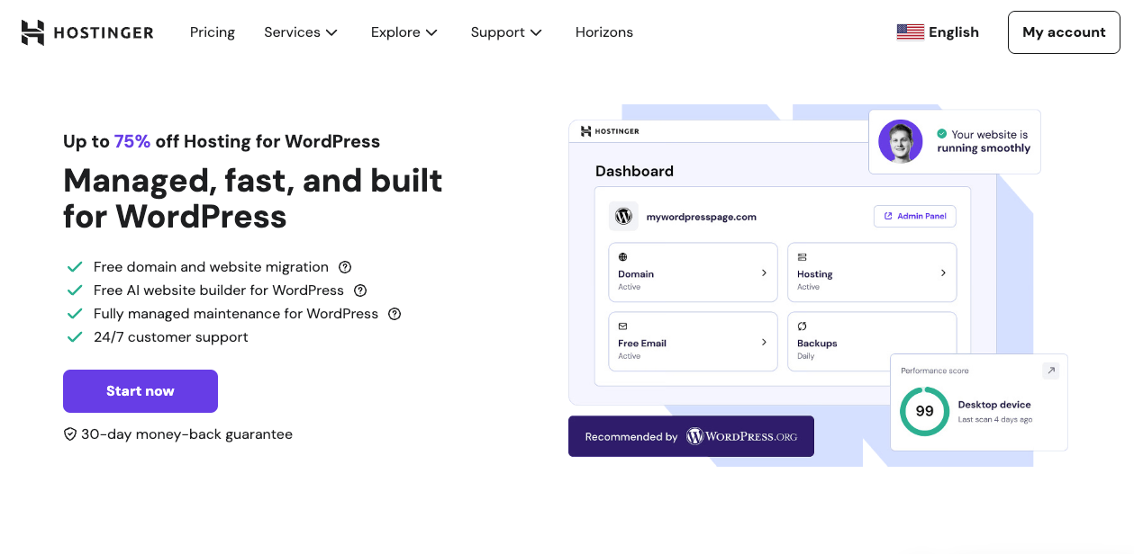 Hostinger's WordPress hosting landing page