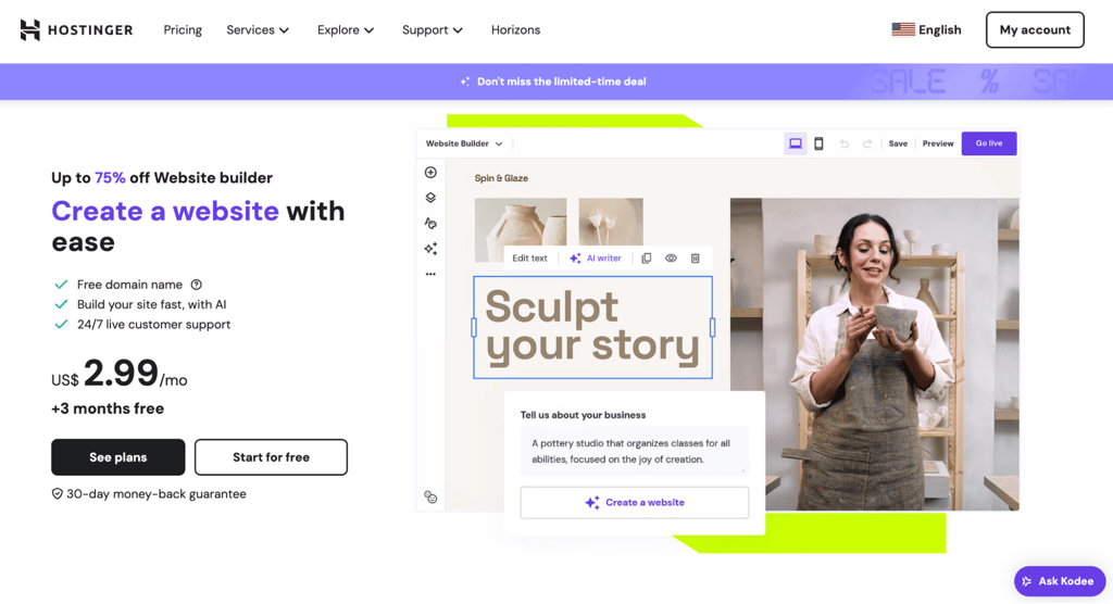 Hostinger’s Website Builder landing page