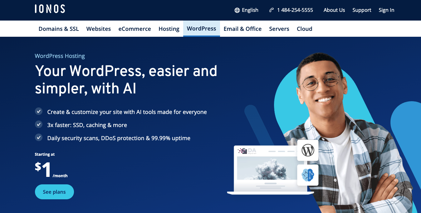 IONOS' WordPress hosting landing page