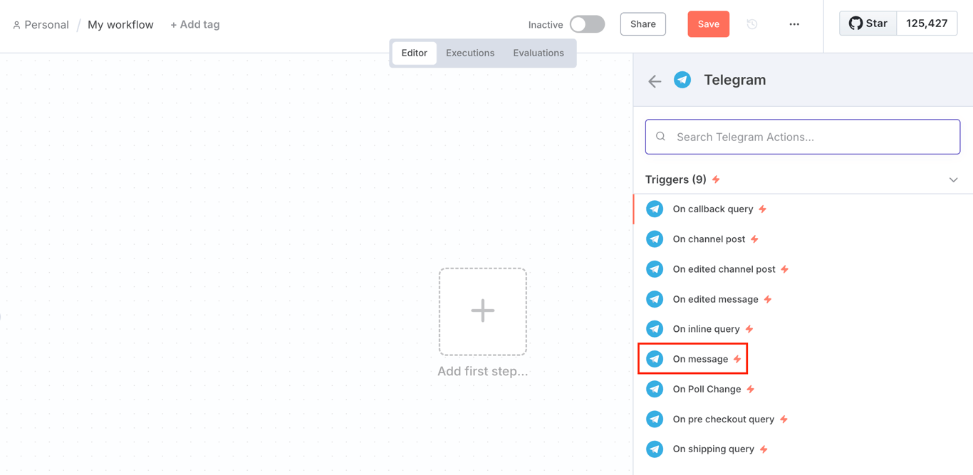 The On message Telegram trigger node in n8n