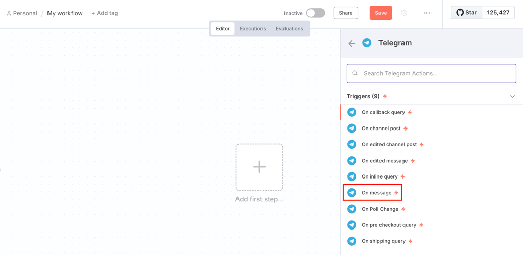 The On message Telegram trigger node in n8n