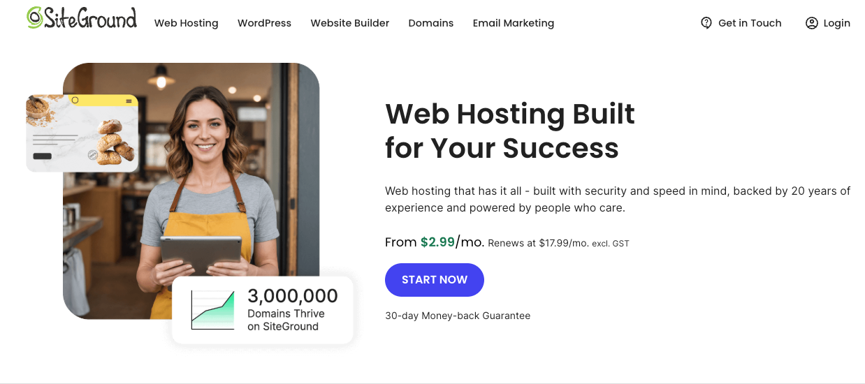 SiteGround's WordPress hosting landing page