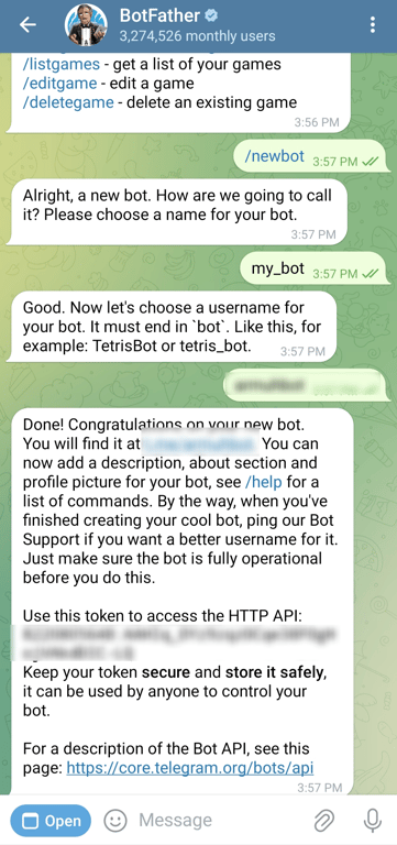 Conversations with @BotFather in Telegram to create a new bot