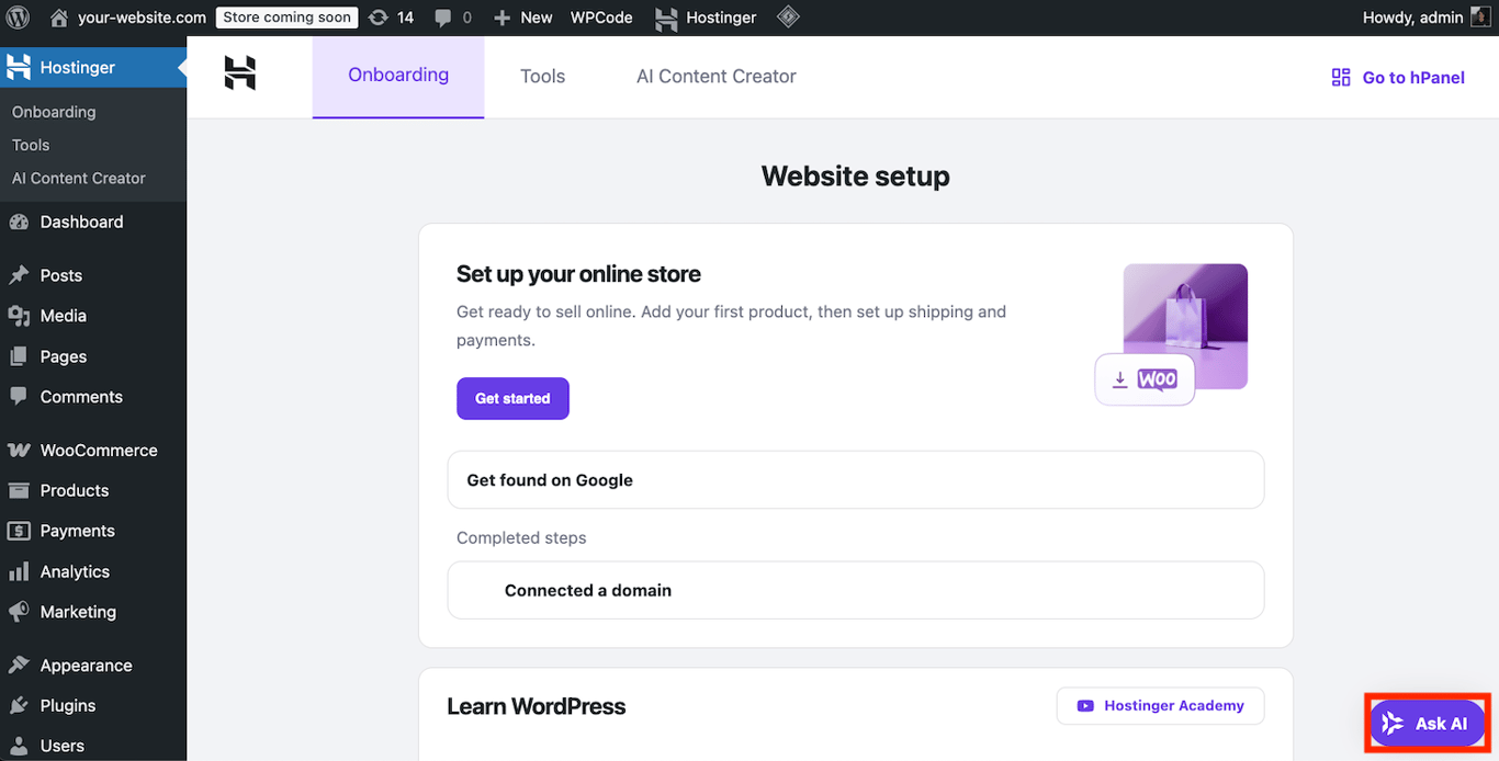 The Kodee button on the WordPress admin dashboard