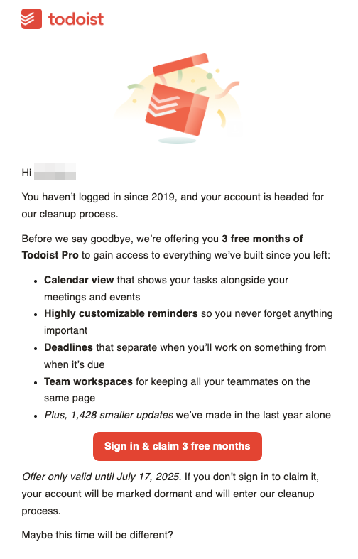 Todoist re-engagement email