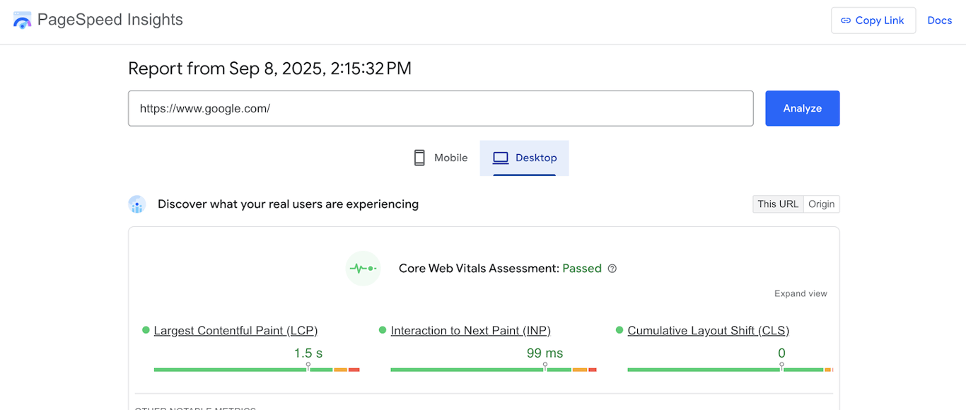 A Google PageSpeed Insights's analysis result