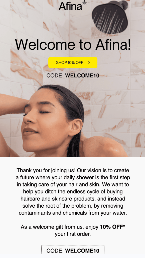 Afina welcome email, greeting the new subscriber and offering a discount code
