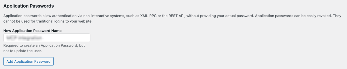 The Application Password menu on WordPress with a name entered