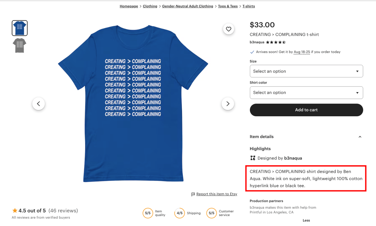 b3naqua product page, highlighting the product description stating the seller's direct involvement in the design process