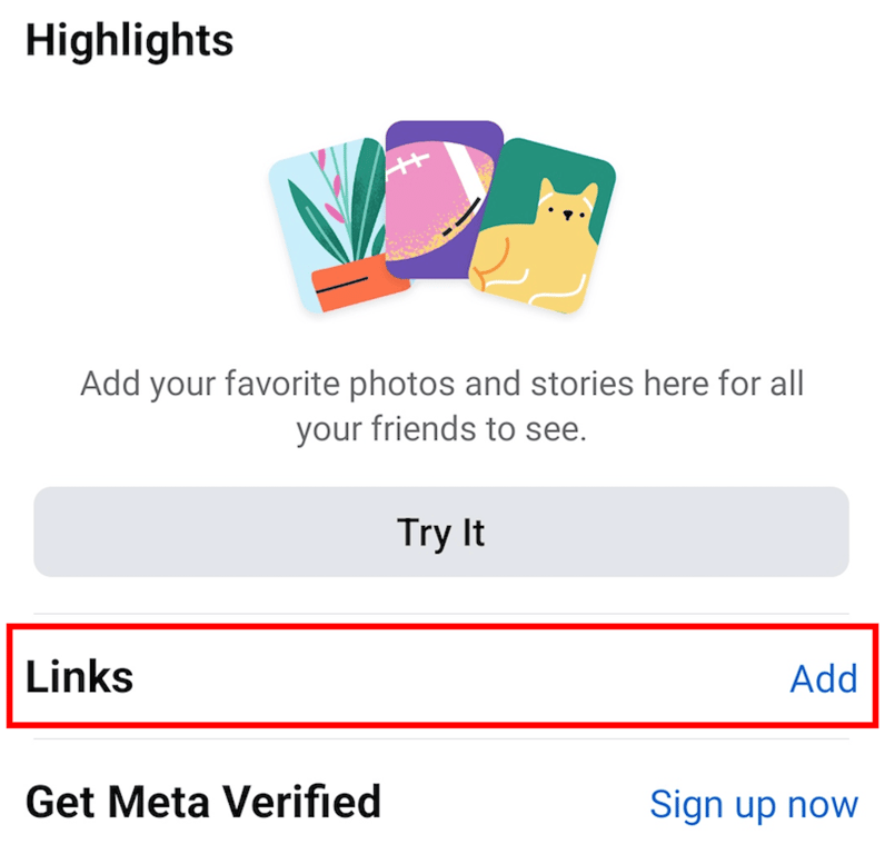 Facebook profile settings showing where to add links
