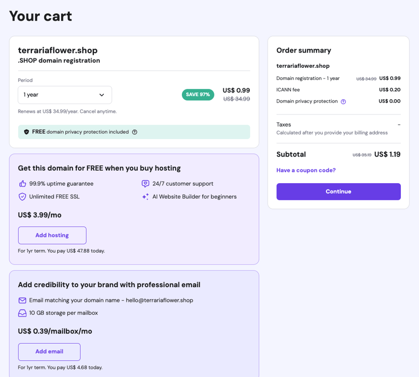 Hostinger Cart page