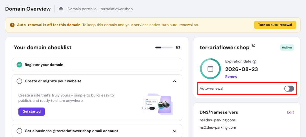 Hostinger Domain Overview page, highlighting the auto-renewal toggle