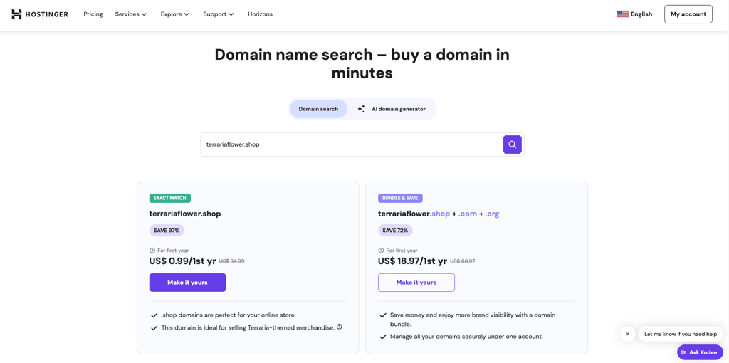 Hostinger domain generator showing a search result