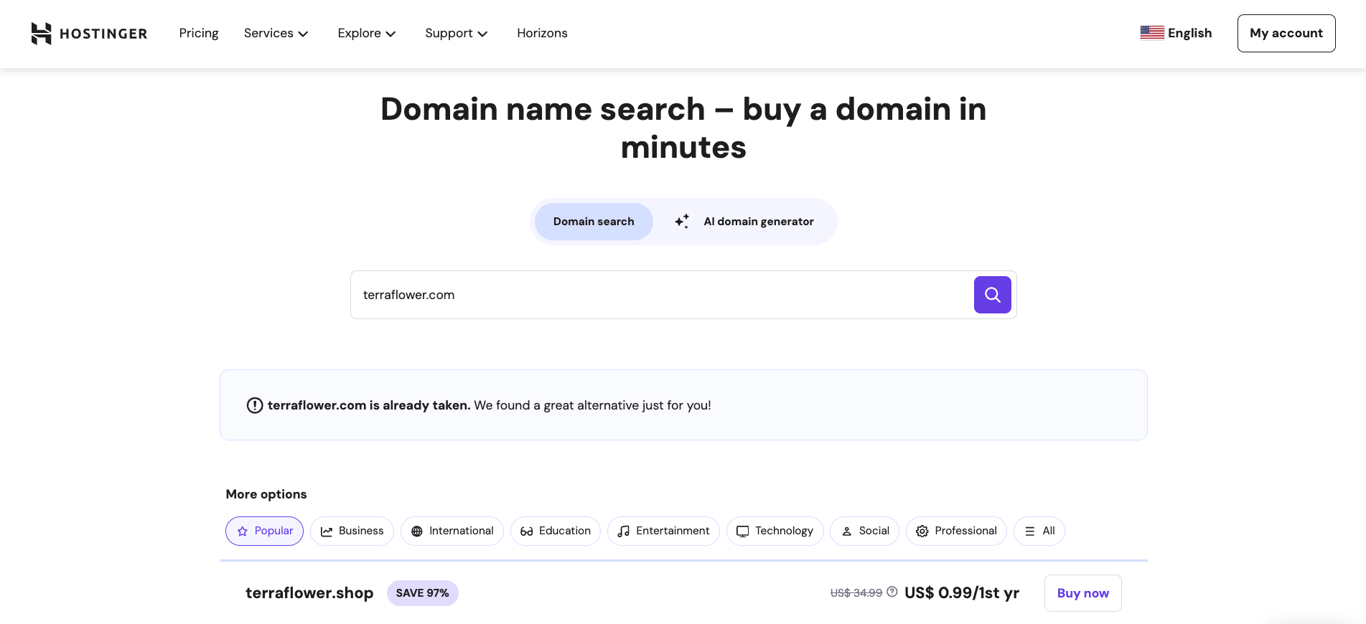 Hostinger domain name search, showing alternatives for a taken domain