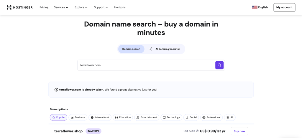 Hostinger domain name search, showing alternatives for a taken domain