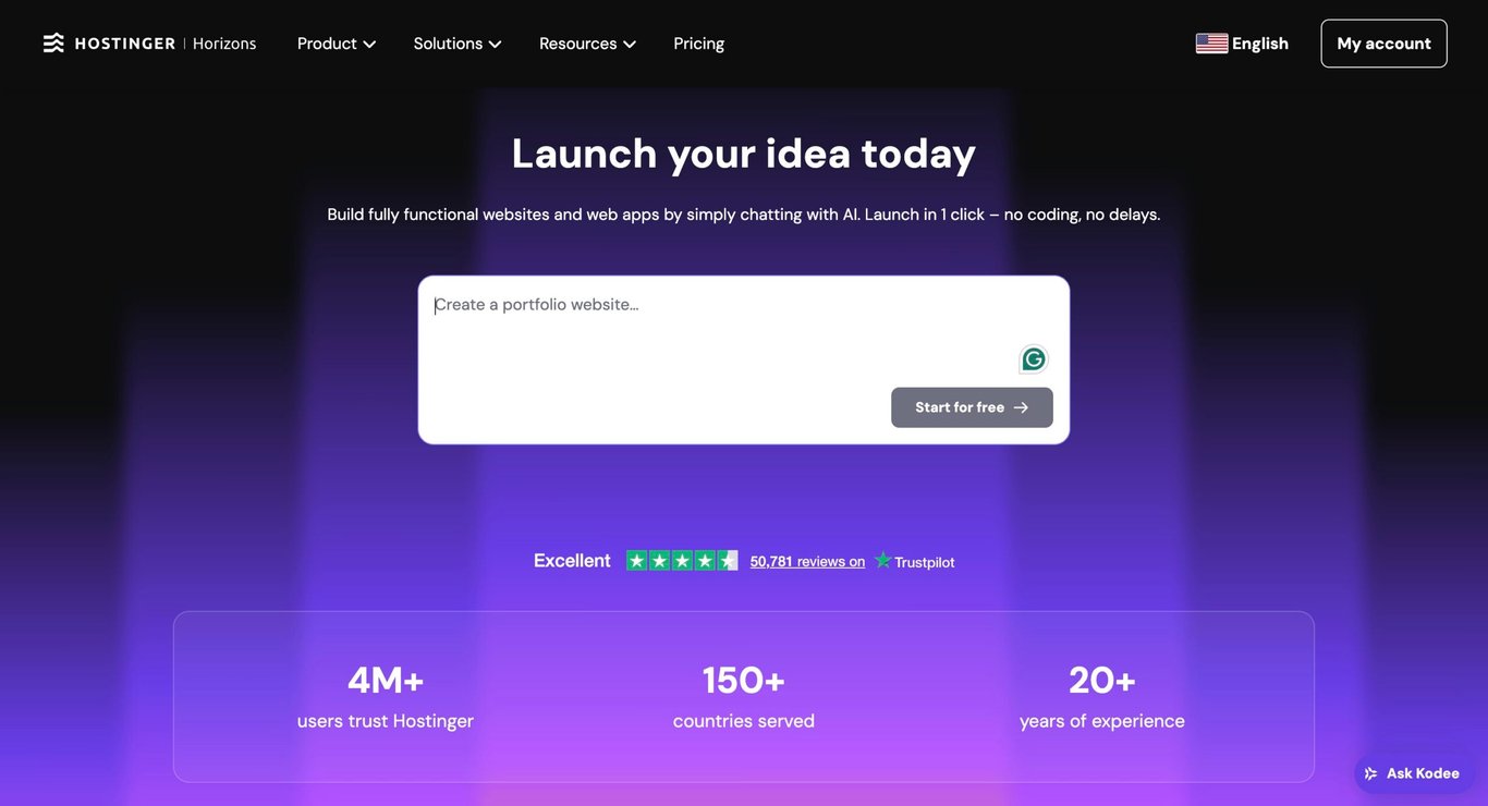 Hostinger Horizons homepage