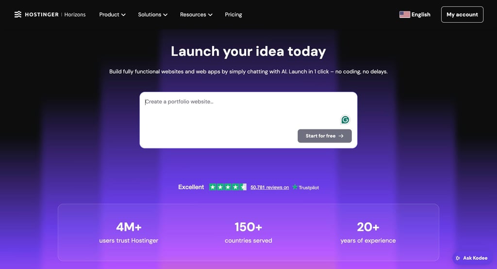 Hostinger Horizons homepage
