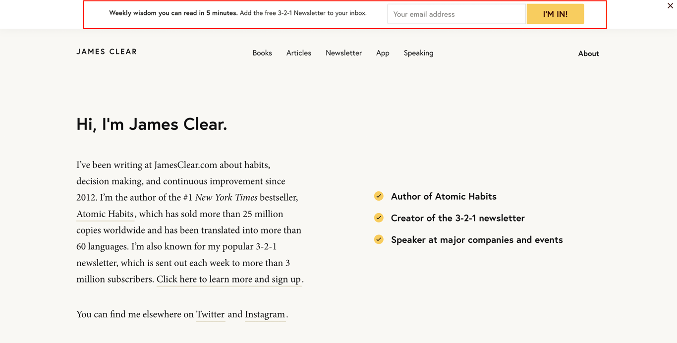 The email newsletter signup form on James Clear's site