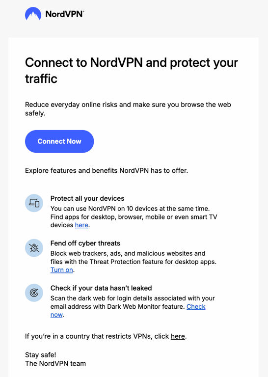 NordVPN's welcome email