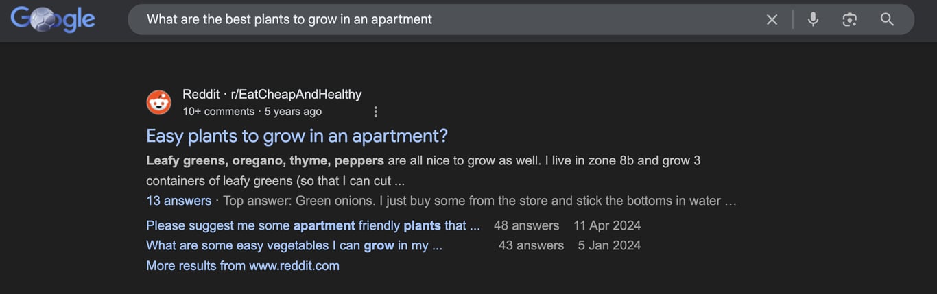 Reddit on a Google search result page