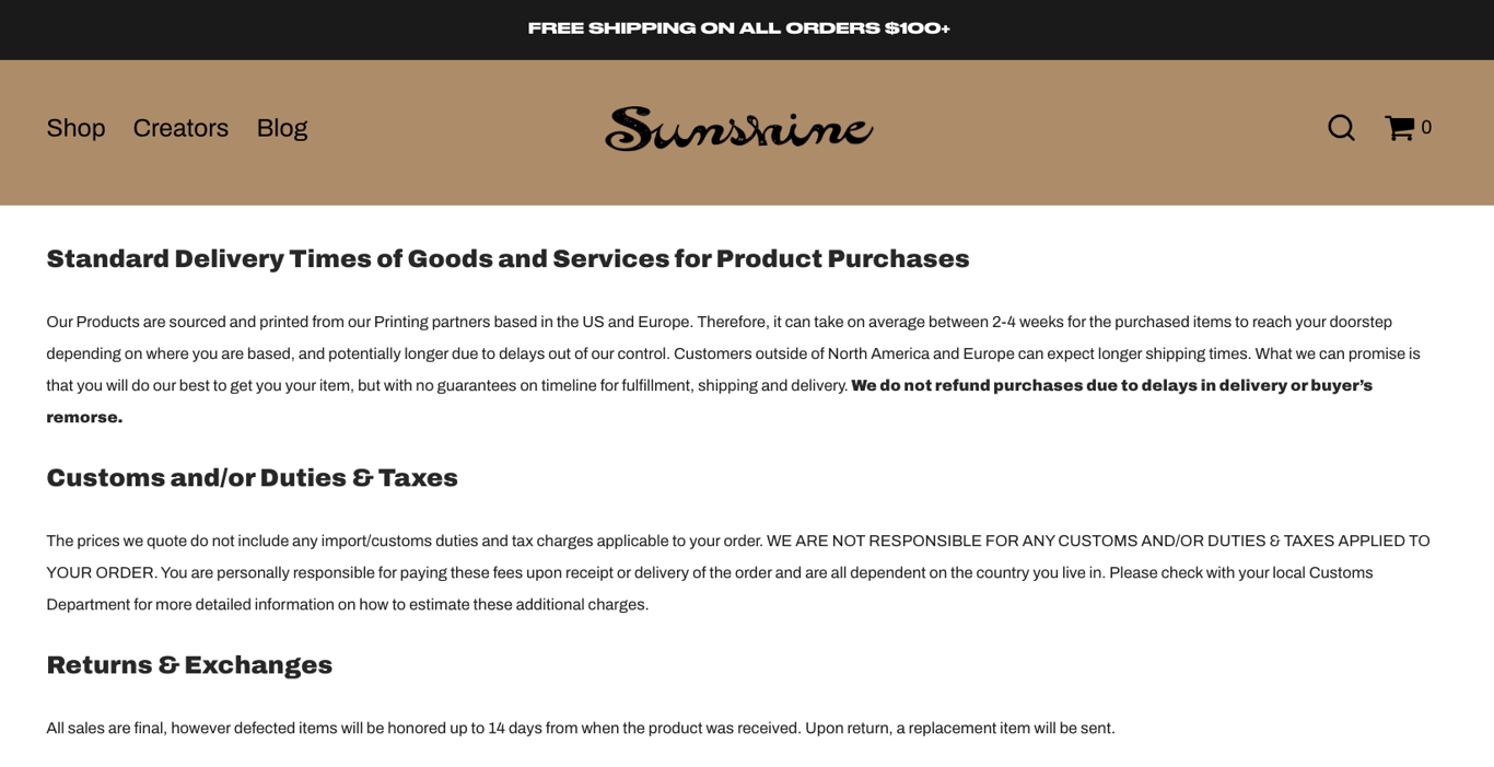 Sunshine terms and conditions page