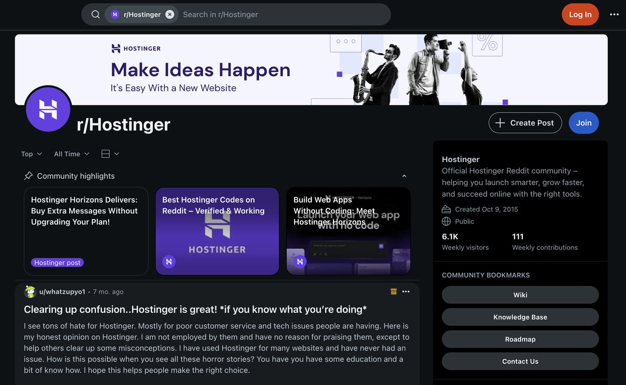 The main page of the Hostinger subreddit