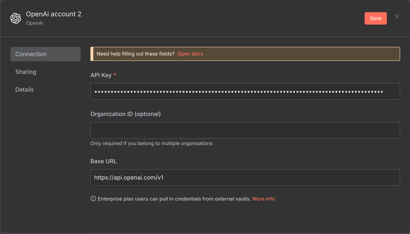 The OpenAI n8n node credential configuration page