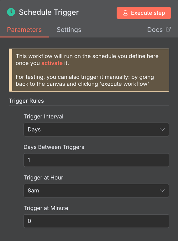 The Schedule trigger's configuration window for n8n WordPress post automation