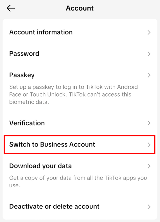TikTok profile settings showing Switch to Business Account
